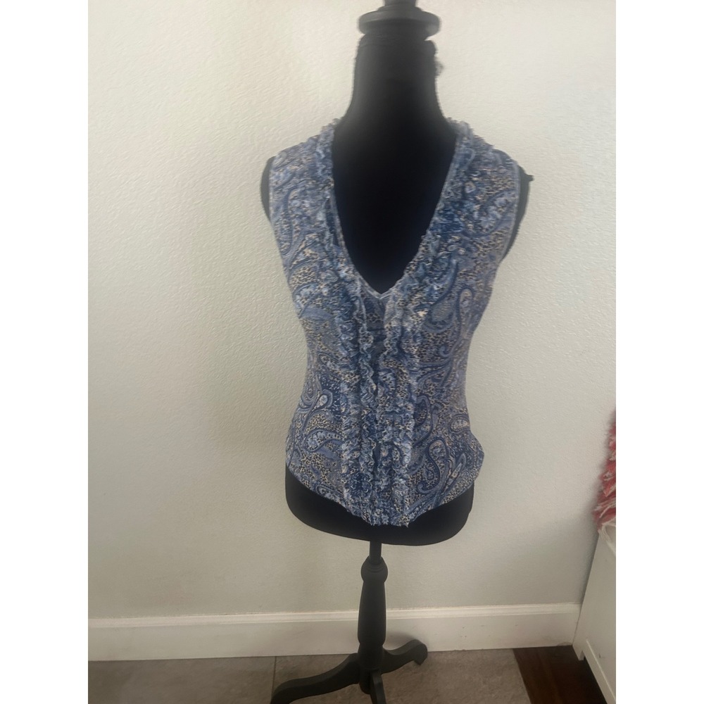 Y2K Friends Blue Paisley Ruffle V-Neck Sleeveless Mesh Top Large Boho